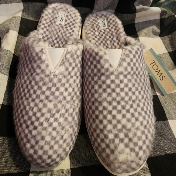 TOMS Alpargata Mallow Mule Lunar Grey Check Faux Mohair Slippers Comfy Checkered - Picture 1 of 3
